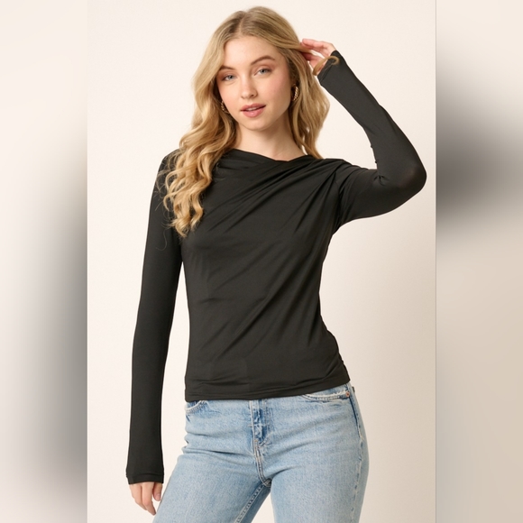 MITTOSHOP Black Ruched Long Sleeve Slim Top - Picture 4 of 5